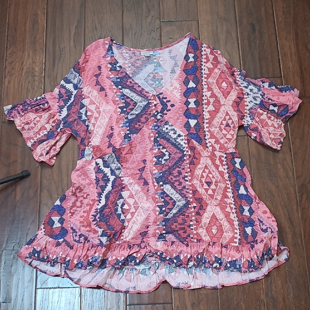 Avenue Pink & Blue Abstract Patterned Tunic with Ruffle Hem size 20